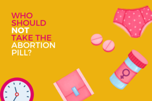 Illustrations of pink abortion pill, pill container, sanitary napkin and a clock.