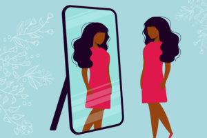 An illustration of a young woman viewing her reflection in a mirror.