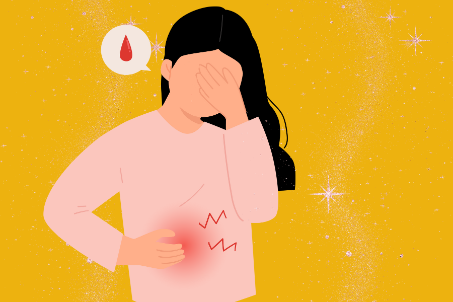 Illustration of woman experiencing cramps.